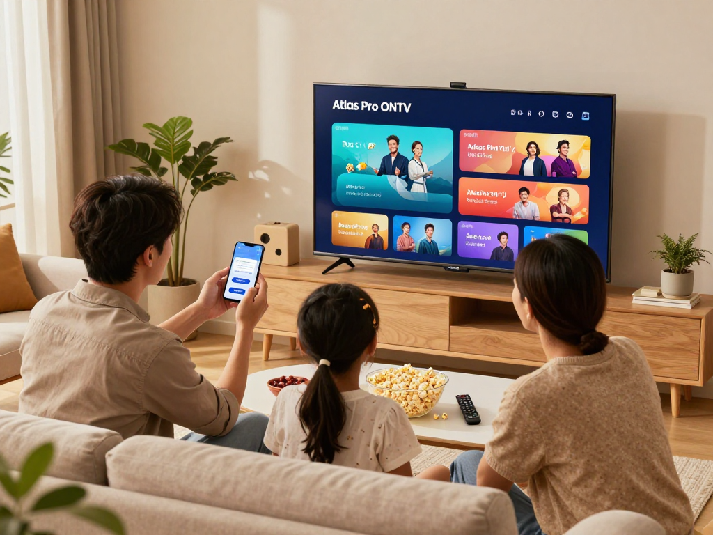 Installer Atlas Pro sur Samsung TV dans un salon familial chaleureux. Profitez de vos chaînes préférées !
