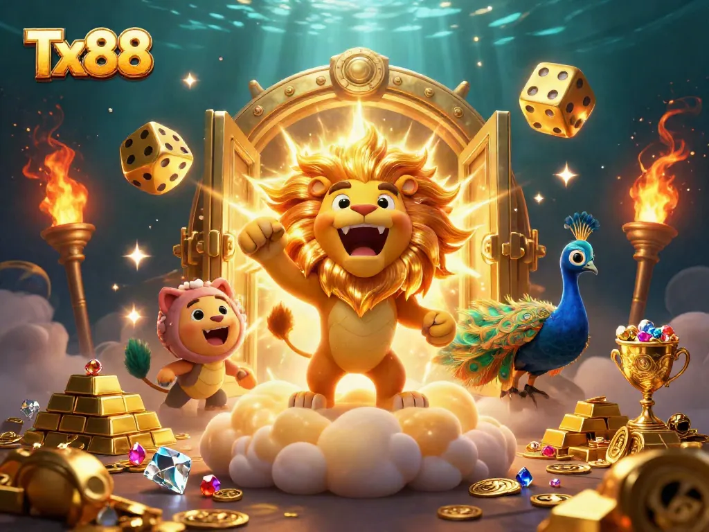 Experience the thrilling world of Tx88 with cartoon sun lion and golden treasures in a dazzling casino scene.