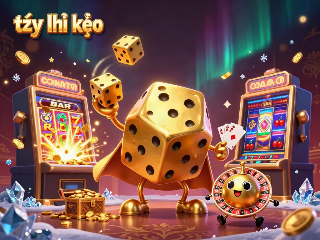 Engage with online sports betting through tỷ lệ kèo, featuring energetic golden dice characters and vibrant casino elements.