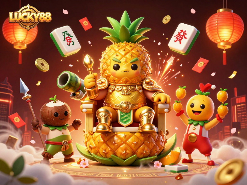 LUCKY88 showcases a vibrant 3D casino scene with a golden pineapple king, jester, and festive elements.