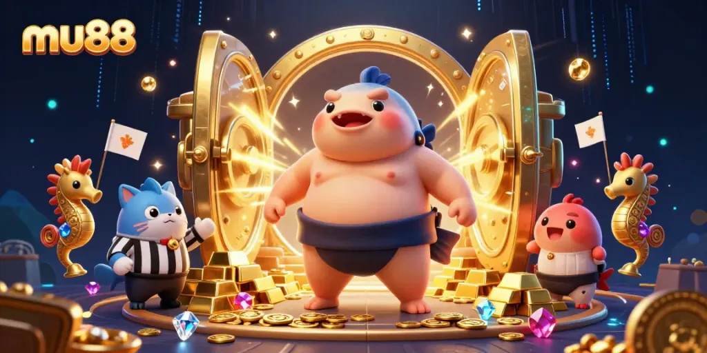 Engage with mu88 as a lively fugu and referee celebrate amidst a treasure-filled underwater casino.
