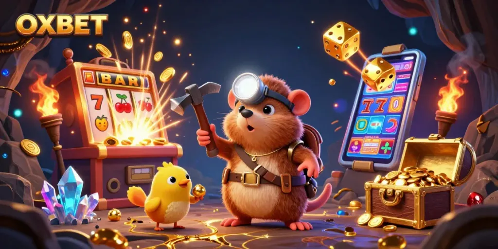 Experience OXBET's thrilling casino adventure with vibrant slot machines and glittering treasures.