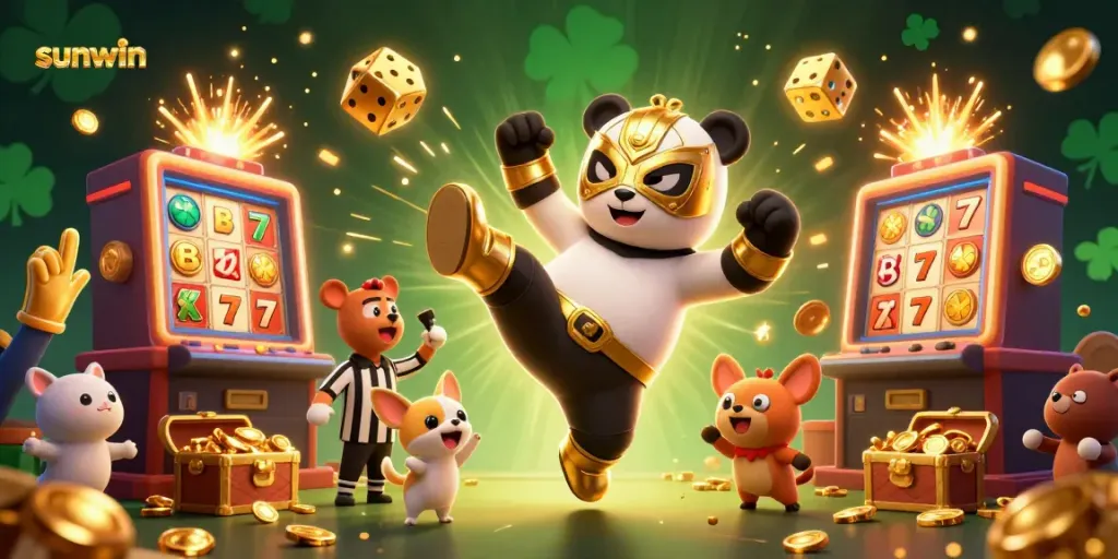 Experience the excitement of sunwin with a panda wrestler and animated casino games in action.