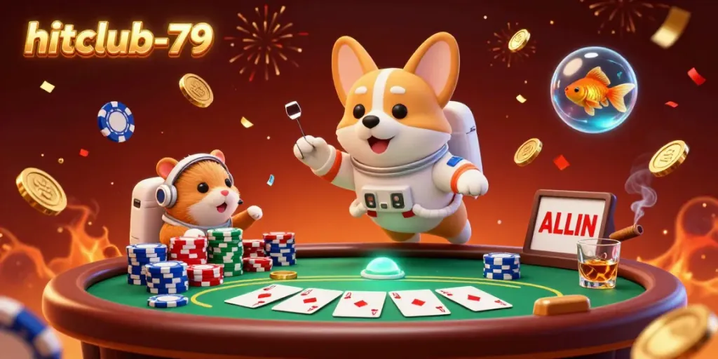 Experience the excitement of hitclub-79 in a dynamic casino scene featuring a corgi astronaut and thrilling poker elements.
