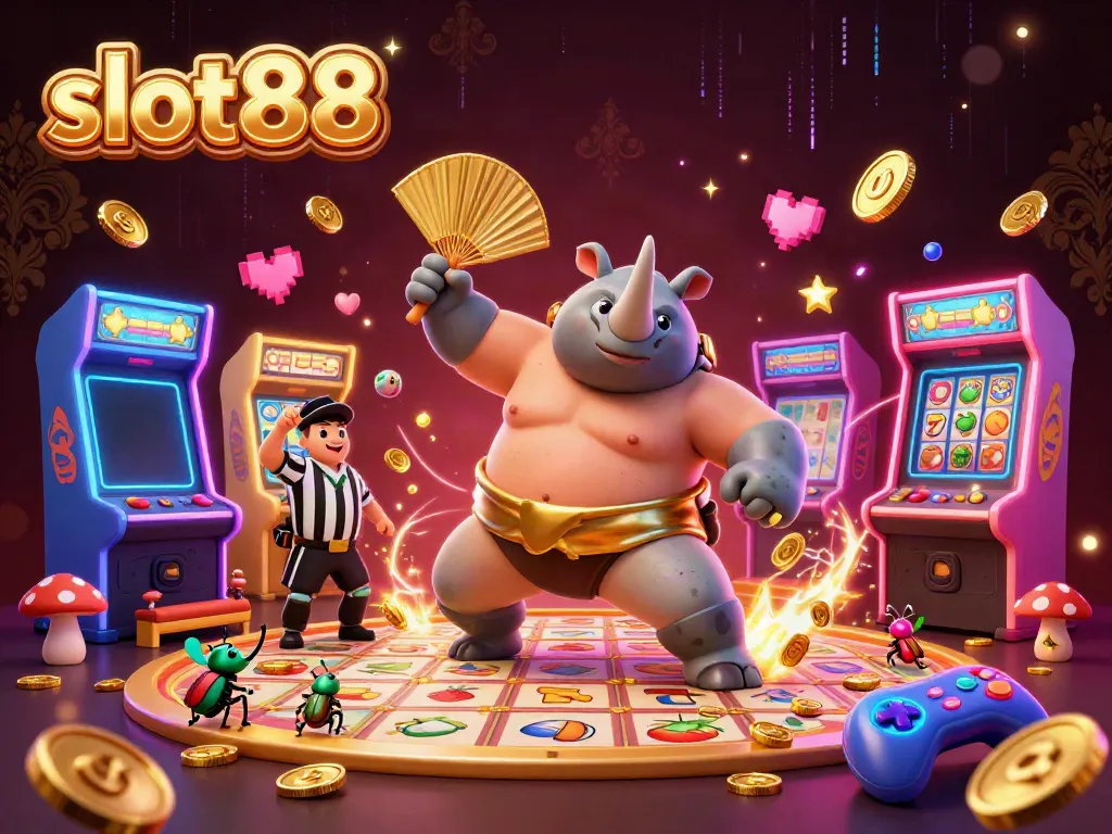 Join the excitement of slot88 with dynamic scenes of a rhinoceros beetle sumo champion amidst flying coins.