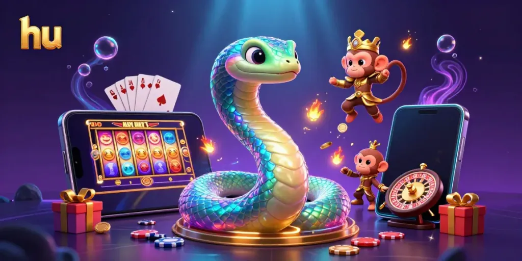 Engage with hu's thrilling slot game adventures in a vibrant, animated casino illustration.