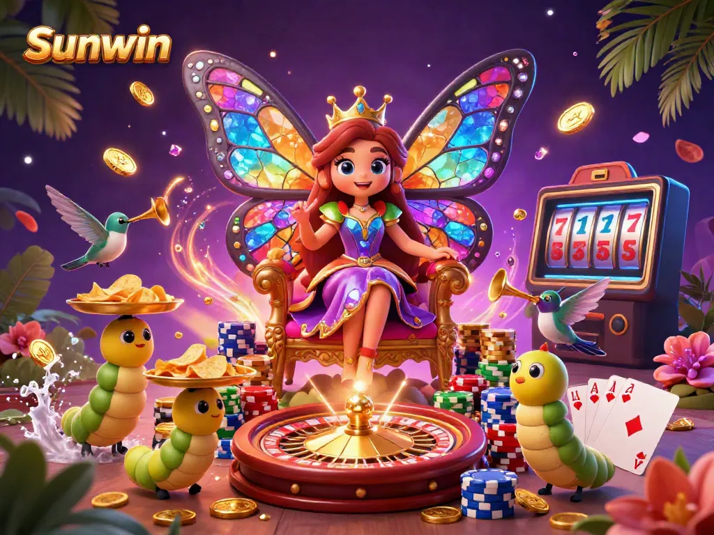 Experience Sunwin's vibrant casino atmosphere with butterfly queen, glowing coins, and dynamic gameplay elements.