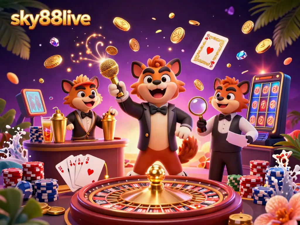 Vibrant 3D cartoon illustration portraying hyenas at the sky88live comedy casino, entertaining with drinks and security checks.