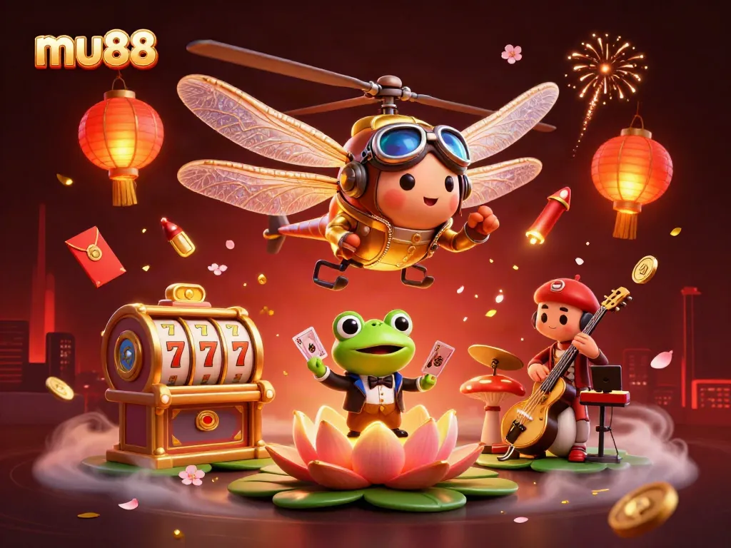 Play exciting slots at mu88 with a vibrant 3D casino scene featuring dynamic characters and rich visuals.