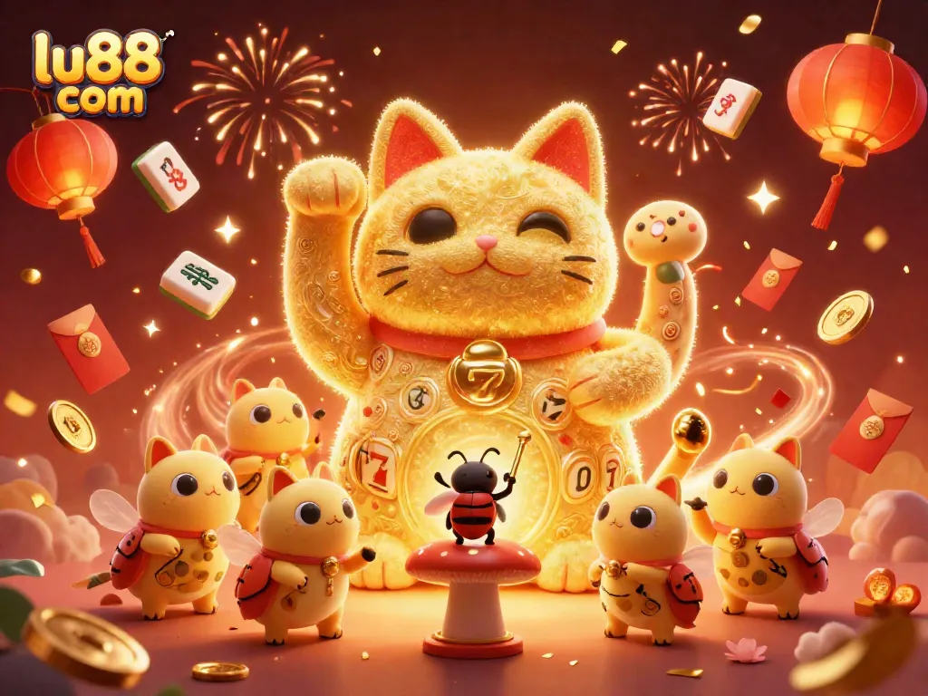 Experience the thrilling action at lu88 com with a vibrant, captivating lucky cat scene filled with casino symbols.