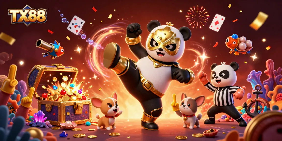 Watch the TX88 casino excitement with a panda wrestler and chihuahua referee amidst a dynamic action scene.
