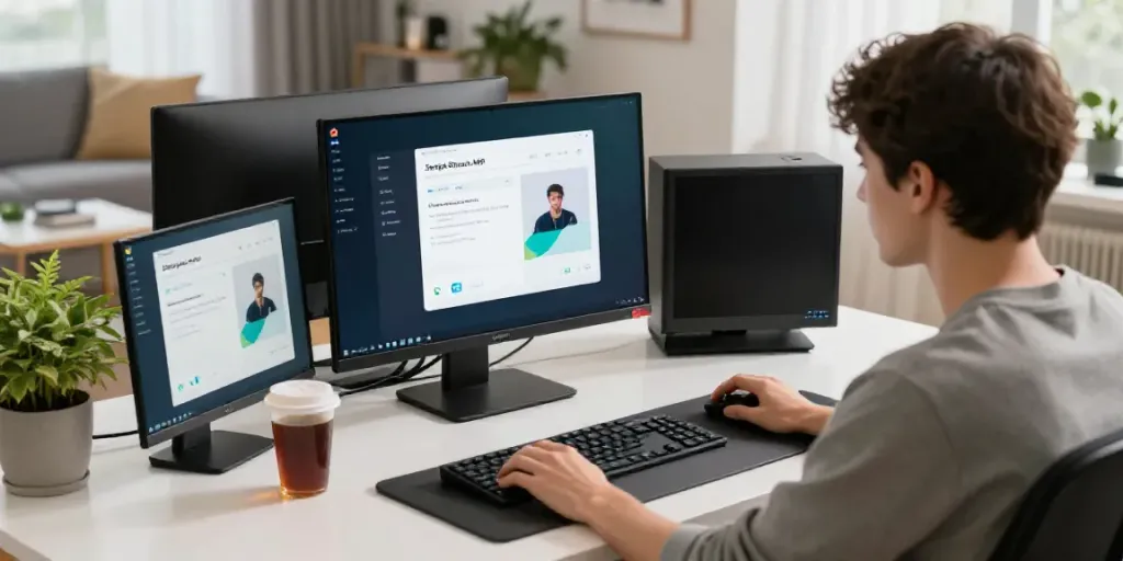 Utilisation de Senpai Stream APK Pour PC sur un bureau moderne avec un écran affichant l'interface de l'application.
