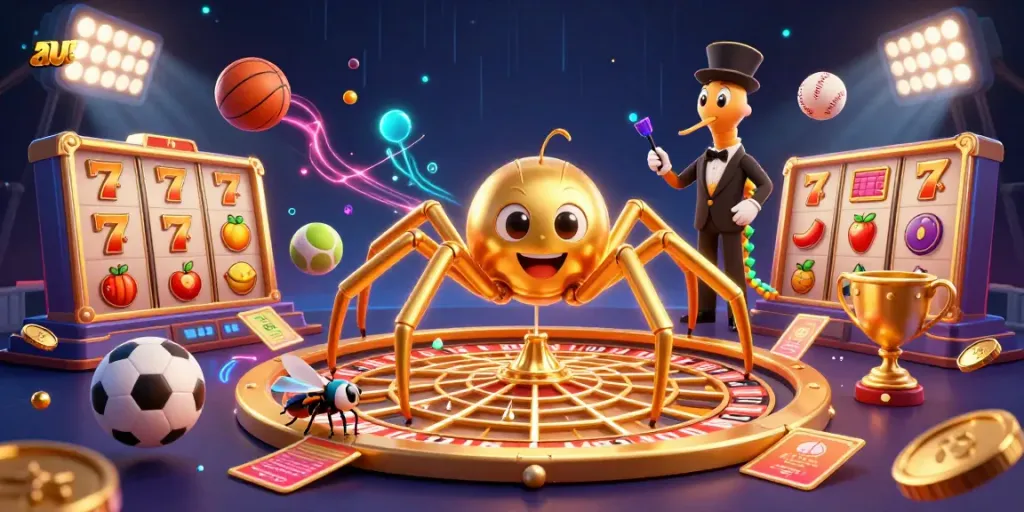Experience the thrill of au88 with a golden spider spinning a roulette web amidst dynamic gambling elements.