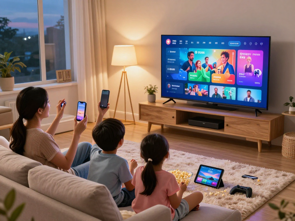 Famille profitant d'Atlas pro ontv avec écran HD dans un salon accueillant