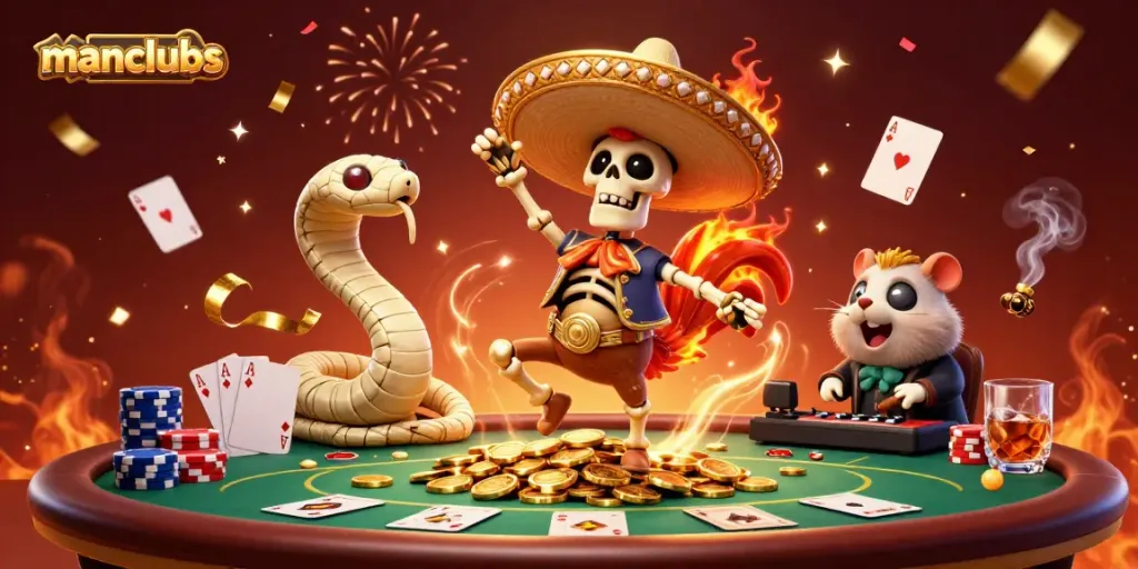 Manclubs excitement with a mariachi rooster, mummy snake, and DJ hamster celebrated in a dynamic casino scene.