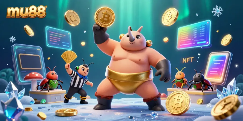Engage in thrilling gameplay at mu88 with a dynamic 3D scene featuring a sumo rhinoceros beetle and cheering spectators.