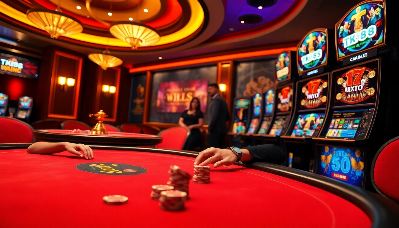 Experience thrilling gameplay at TK88t.org with vibrant casino visuals featuring poker tables and slot machines.