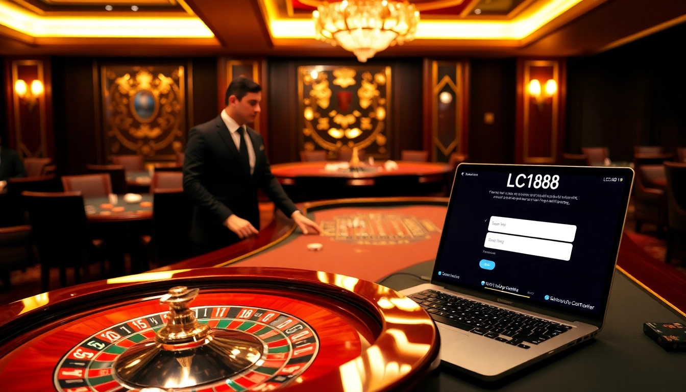 Experience excitement at the LC88 đăng nhập login interface with a luxurious casino scene featuring a roulette table and vibrant chips.