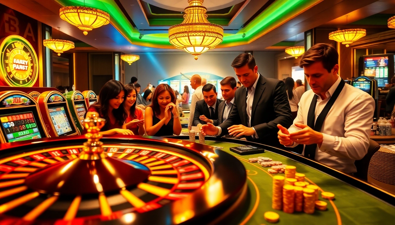 Exciting gaming action at F8bet casino with players engaging at a roulette table and vibrant slot machines.
