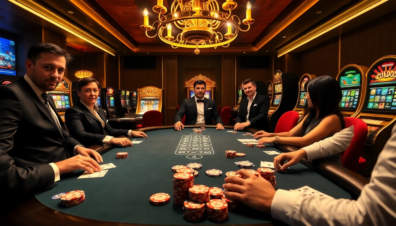Players engaging in a thrilling poker game at C168, surrounded by luxury casino elements.