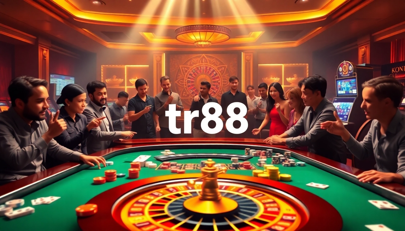 Excited players betting high stakes at a luxury casino with tr88 gaming elements