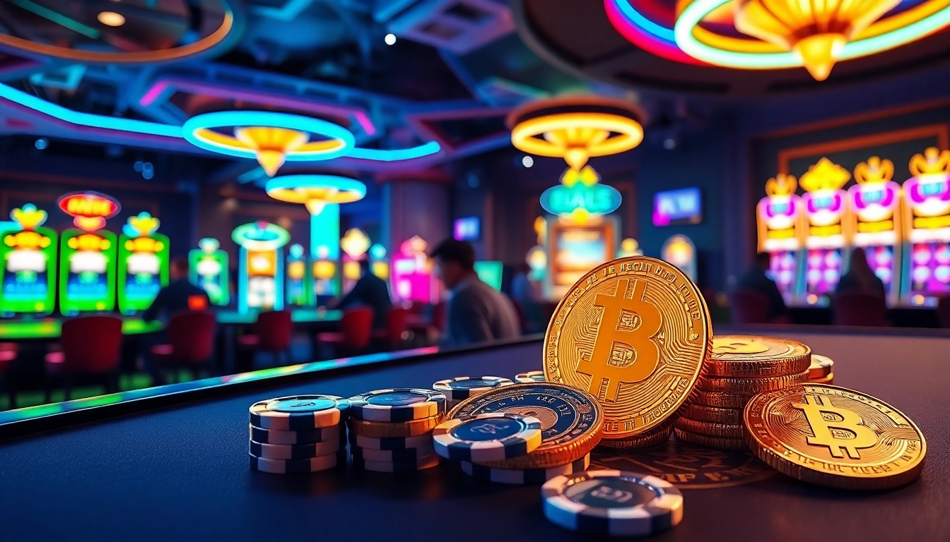 Liste des casinos crypto : Une vue dynamique d'un casino numérique vibrant avec des cryptomonnaies.