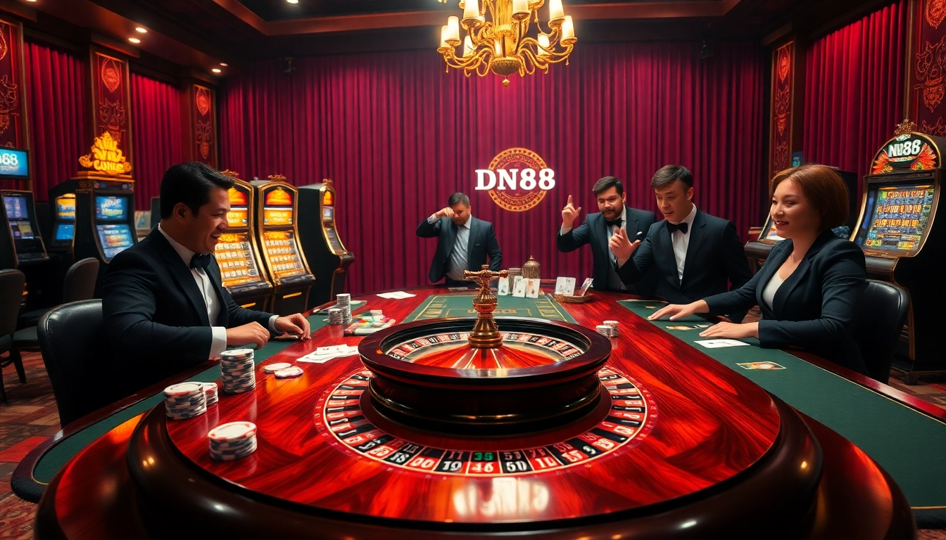 Experience the luxury of high-stakes gaming with DN88 chips and cards at a vibrant casino table.