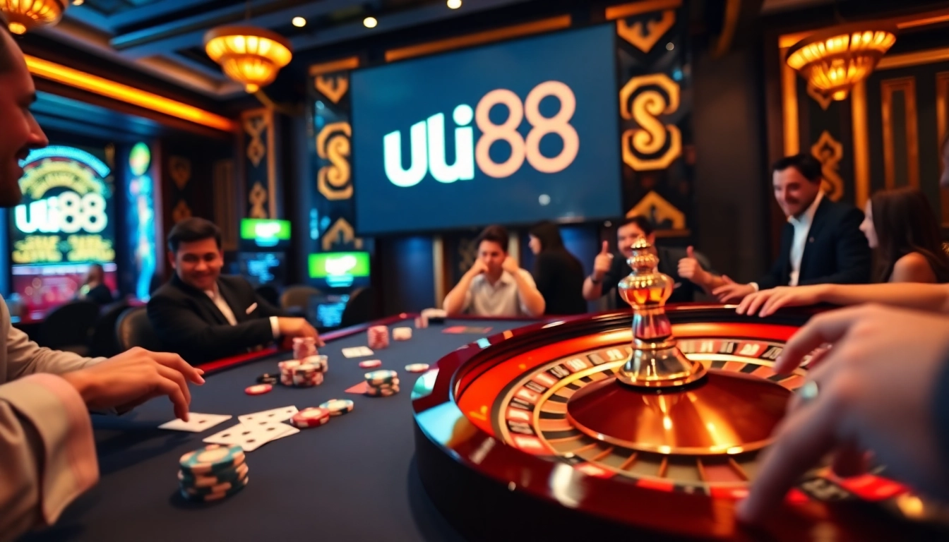 Experience dynamic gambling action at uu88 with vibrant gaming tables and excited players.