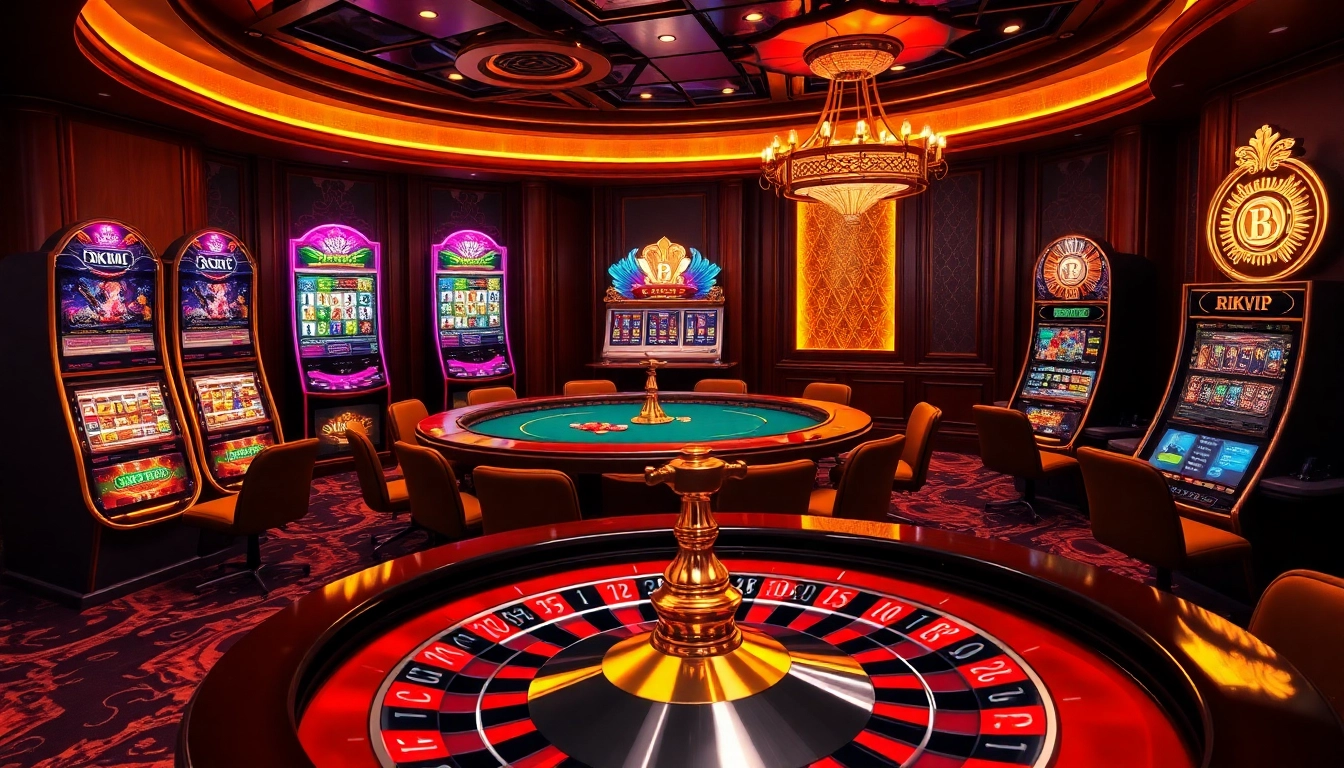 Exciting gaming scene at rikvip featuring poker tables, roulette wheels, and vibrant slot machines.