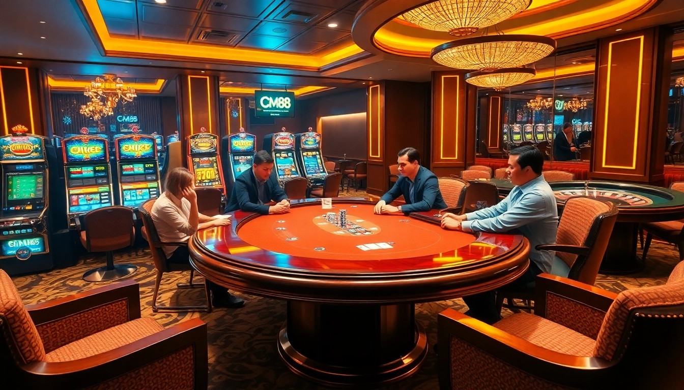 Experience the thrilling atmosphere at CM88 nhà cái with players engaged in high-stakes poker, surrounded by slot machines and a spinning roulette wheel.