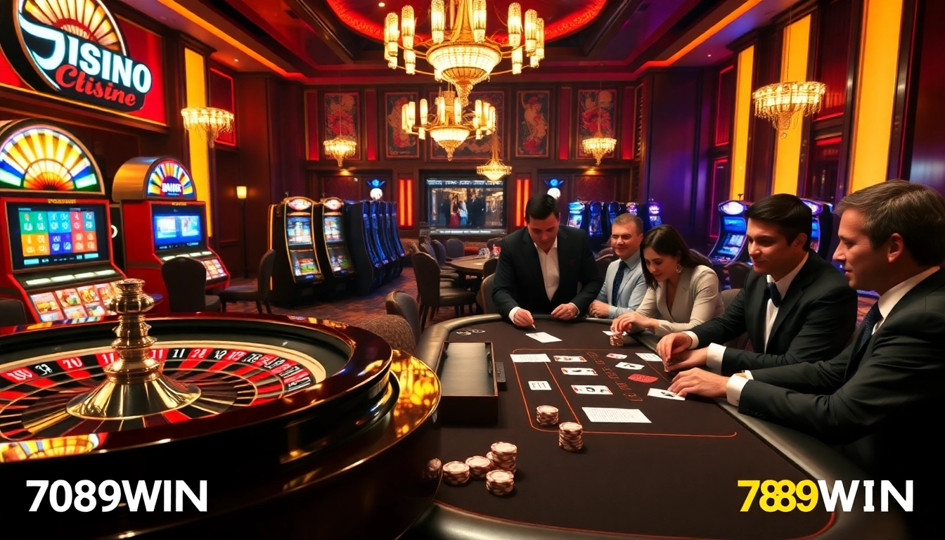 Casino excitement with 789WIN branding, showcasing poker tables and vibrant slot machines.