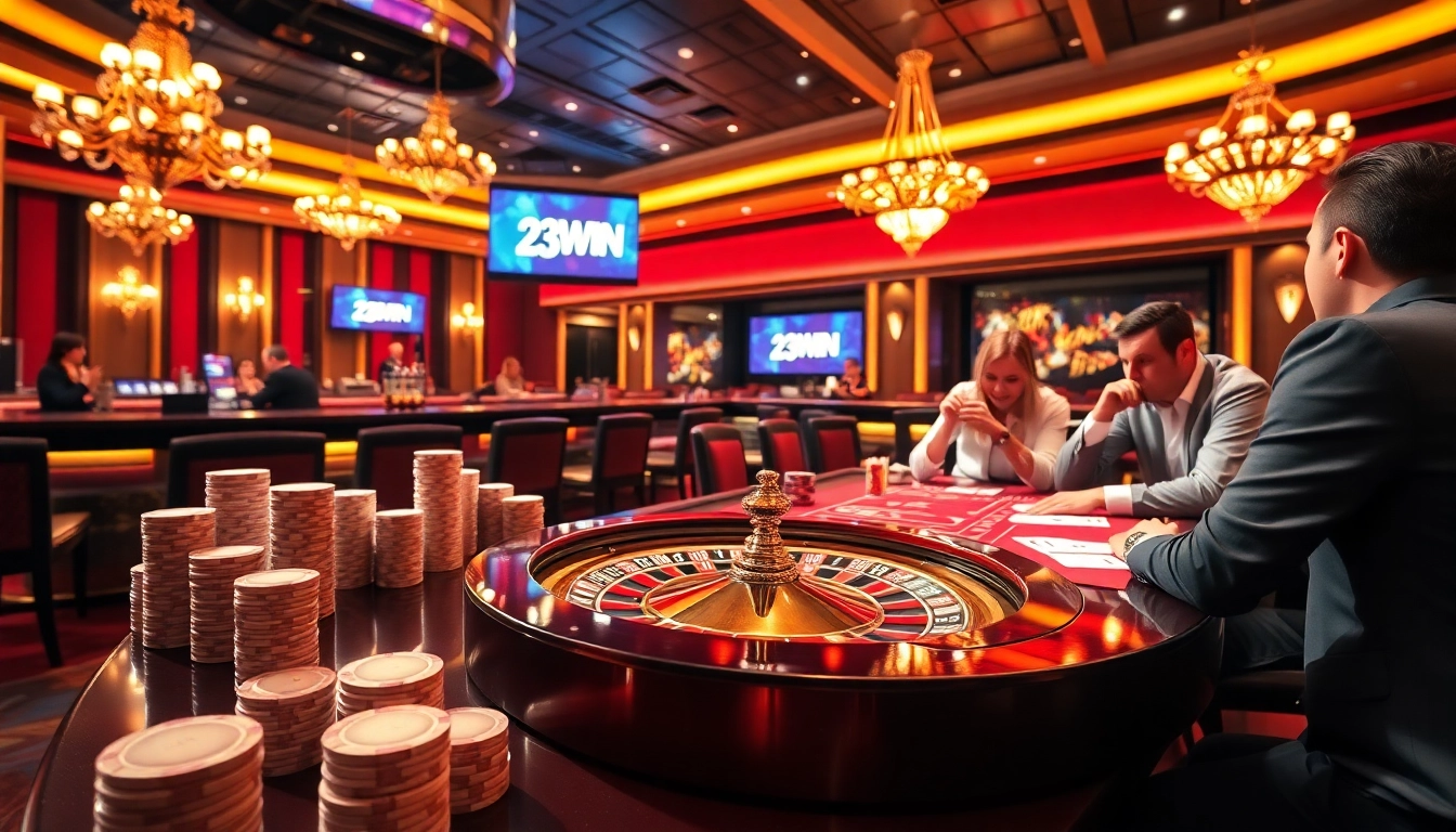 Experience thrilling casino action with 23WIN, showcasing poker games, roulette, and vibrant gaming atmosphere.
