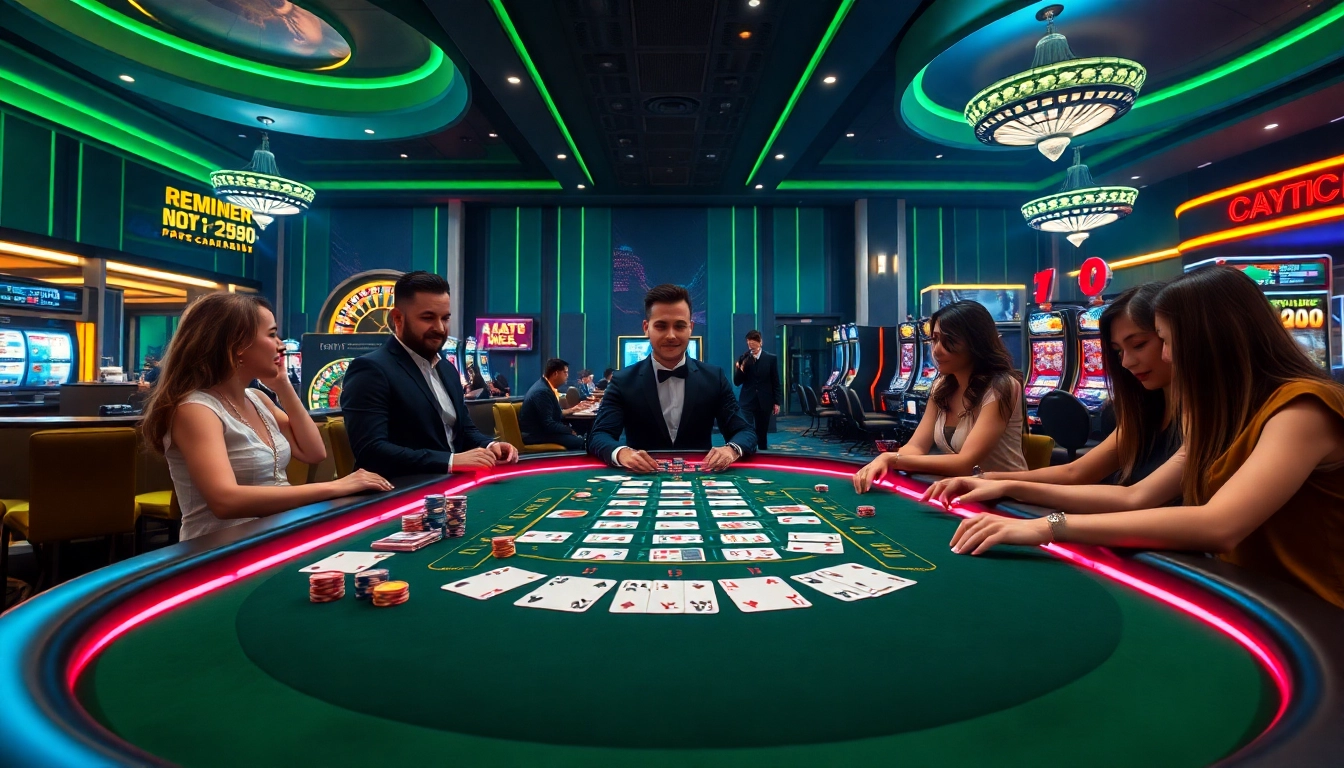 Vivez l'excitation des casinos crypto avec des joueurs réunis autour d'une table de blackjack entourée d'éléments de casino vibrants.