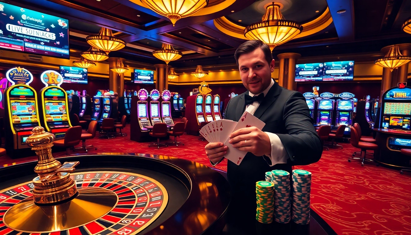 Casino crypto betting action with sleek roulette wheel and vibrant slot machines.