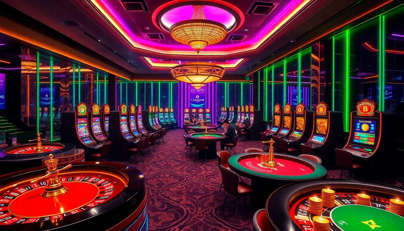 A vibrant casino crypto scene featuring players at roulette and slot machines, illuminated by neon lights.