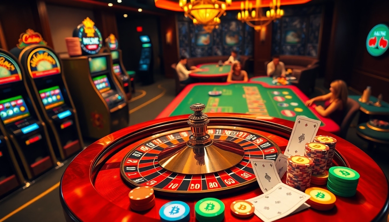 Engaging casino crypto scene with roulette wheel, slot machines, and digital betting slips.
