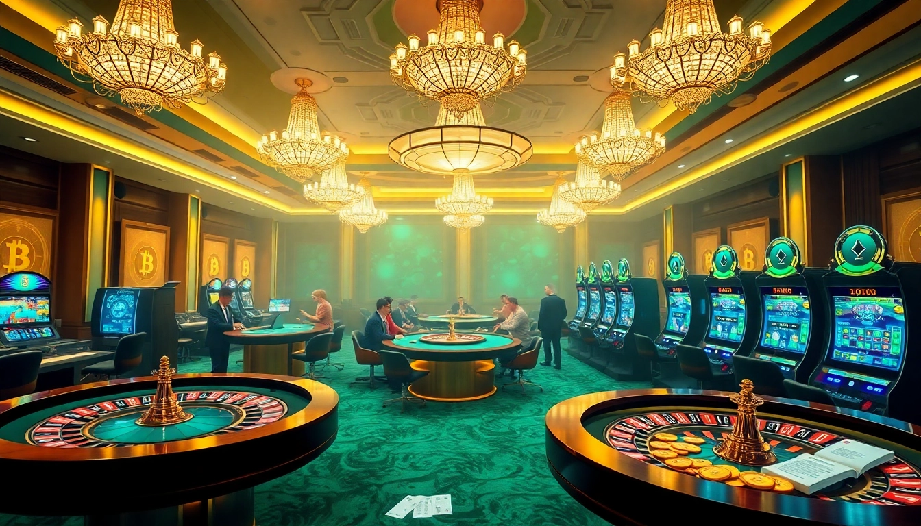 Engaging scene of players at crypto casinos using digital interfaces and casino elements.