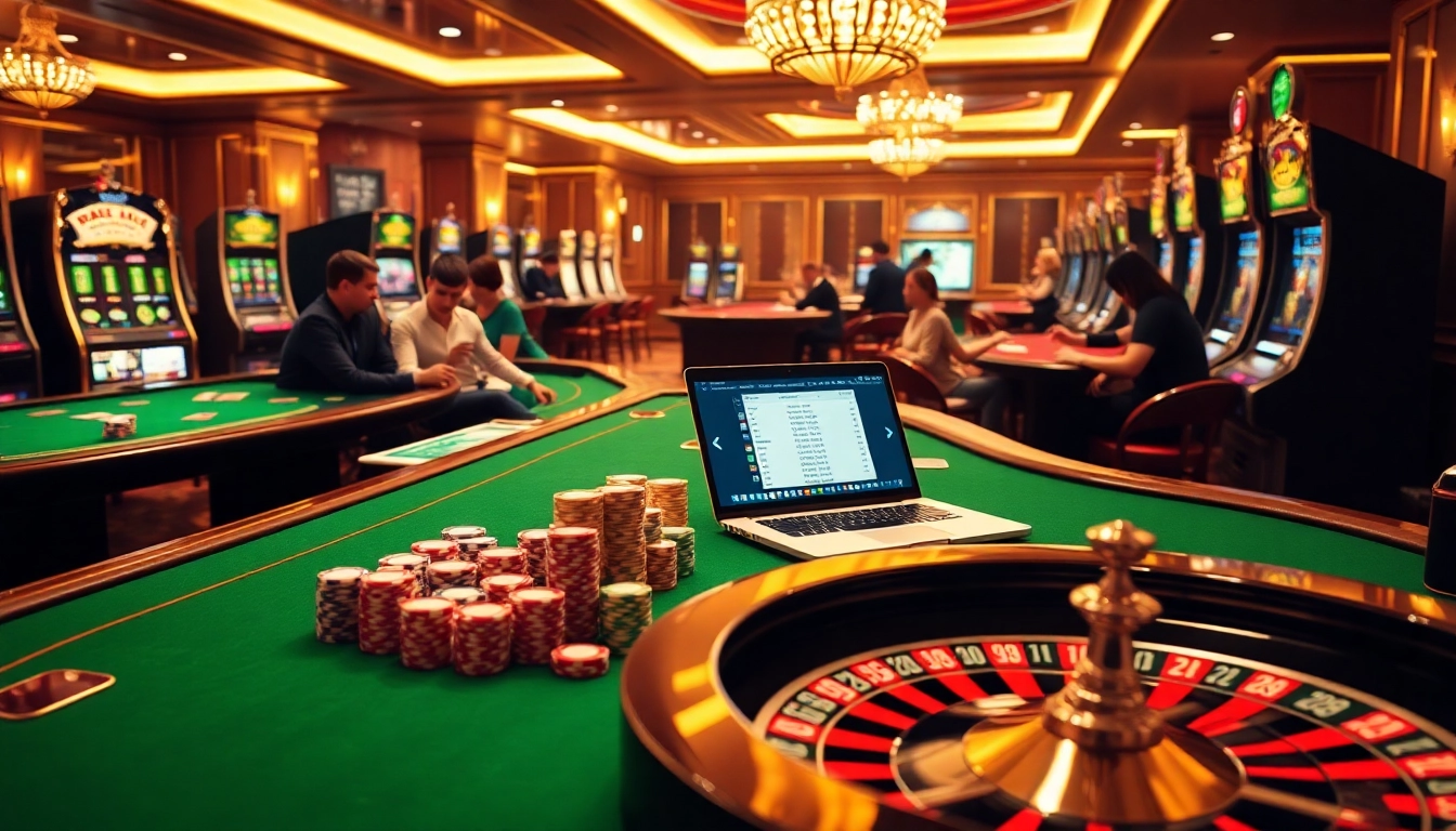 Casino en ligne retrait instantané scene with vibrant gaming tables and engaged players.