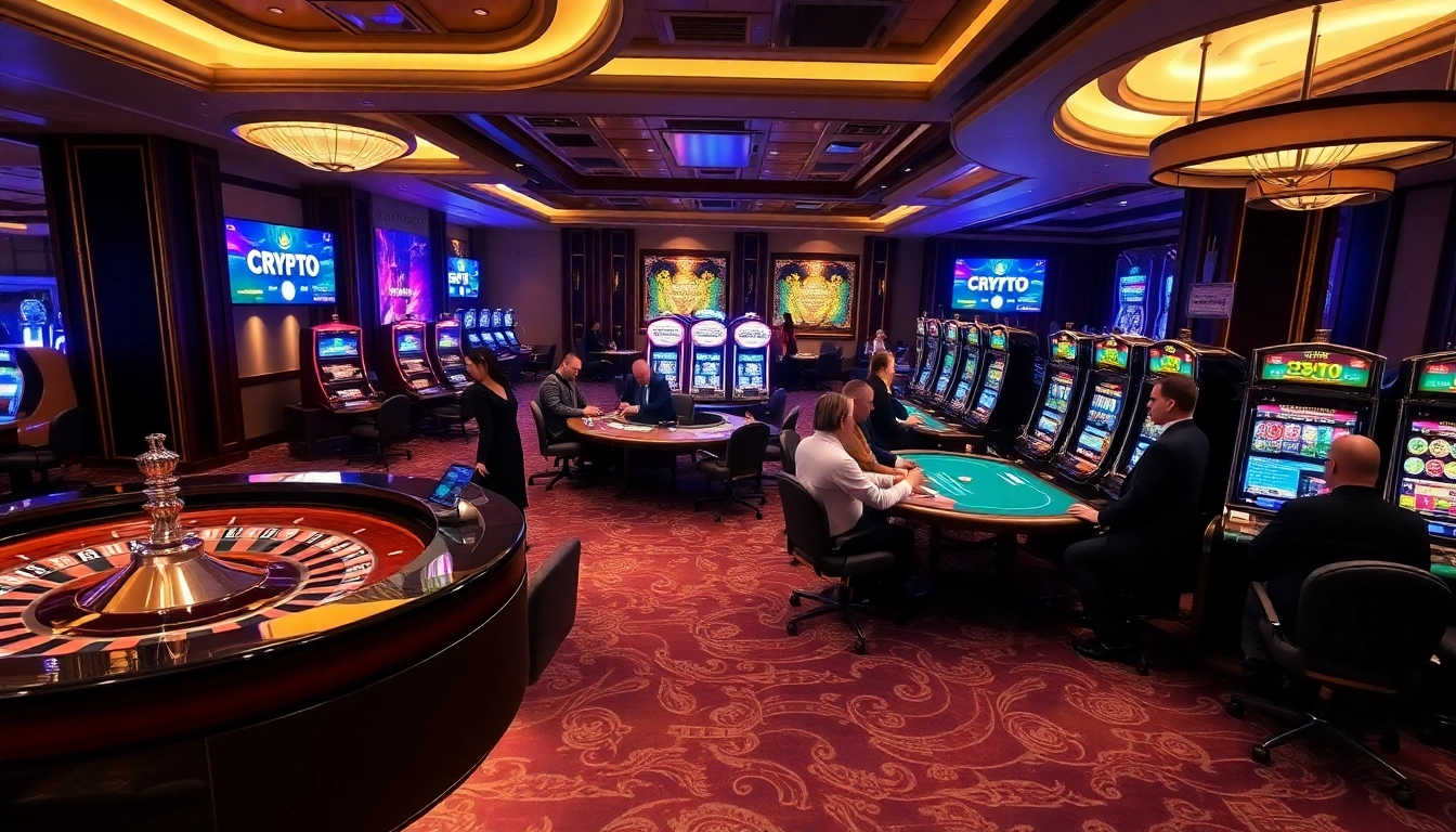 Players enjoying games at crypto casinos with vibrant slot machines and poker tables.