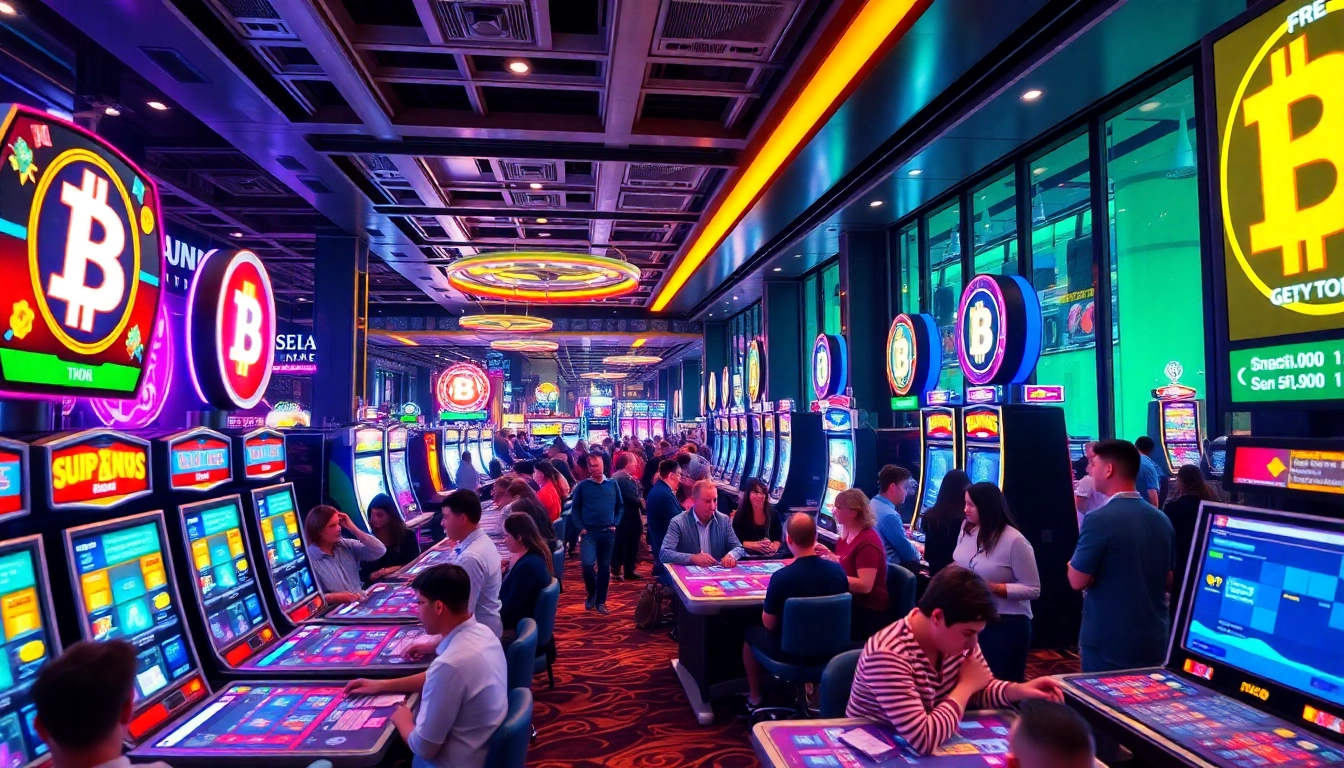 Jouez au casino français crypto avec un environnement lumineux rempli de joueurs engagés.