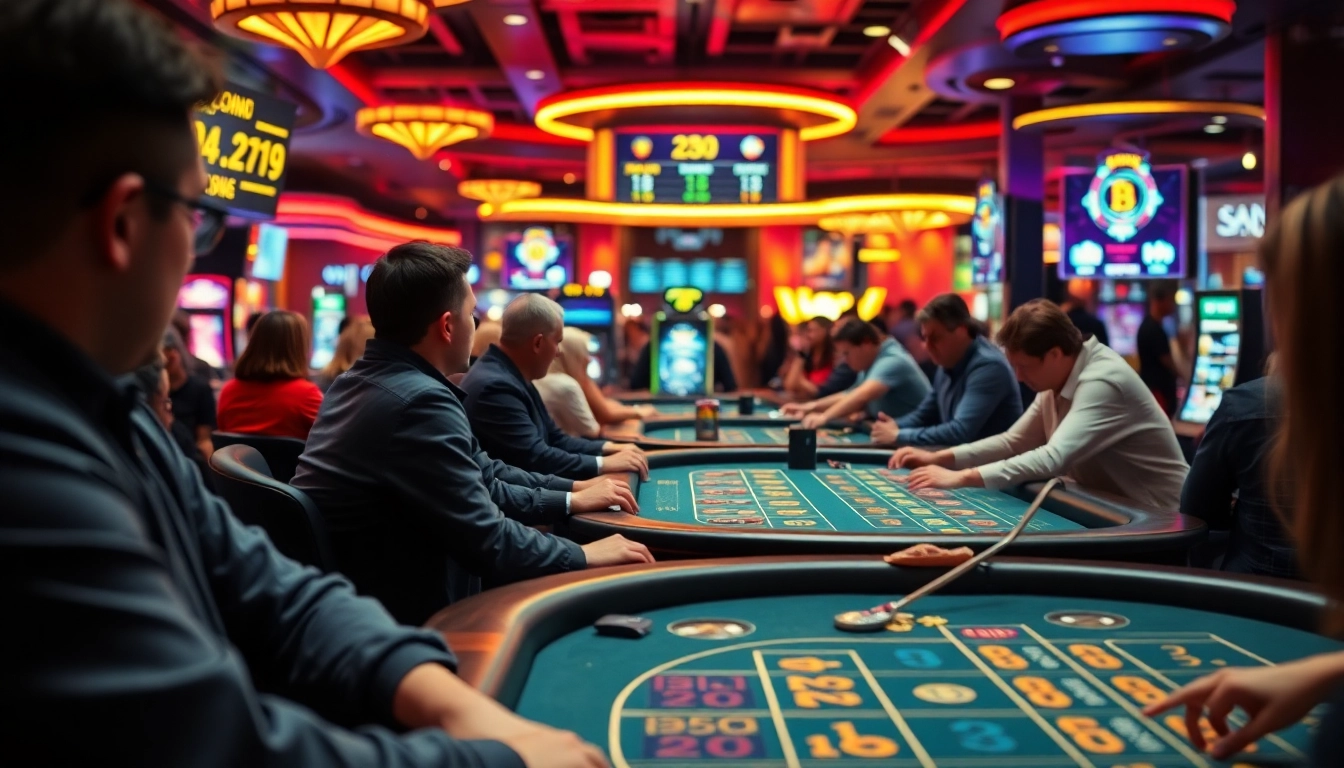 Les joueurs s'amusent dans un crypto casino moderne, entourés d'écrans lumineux et de jeux passionnants.