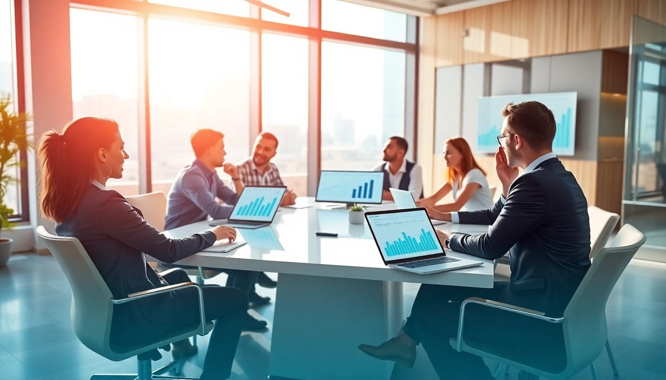 Professionals collaborating in a modern office, reflecting the spirit of https://gg88.work/ with vibrant digital marketing elements.