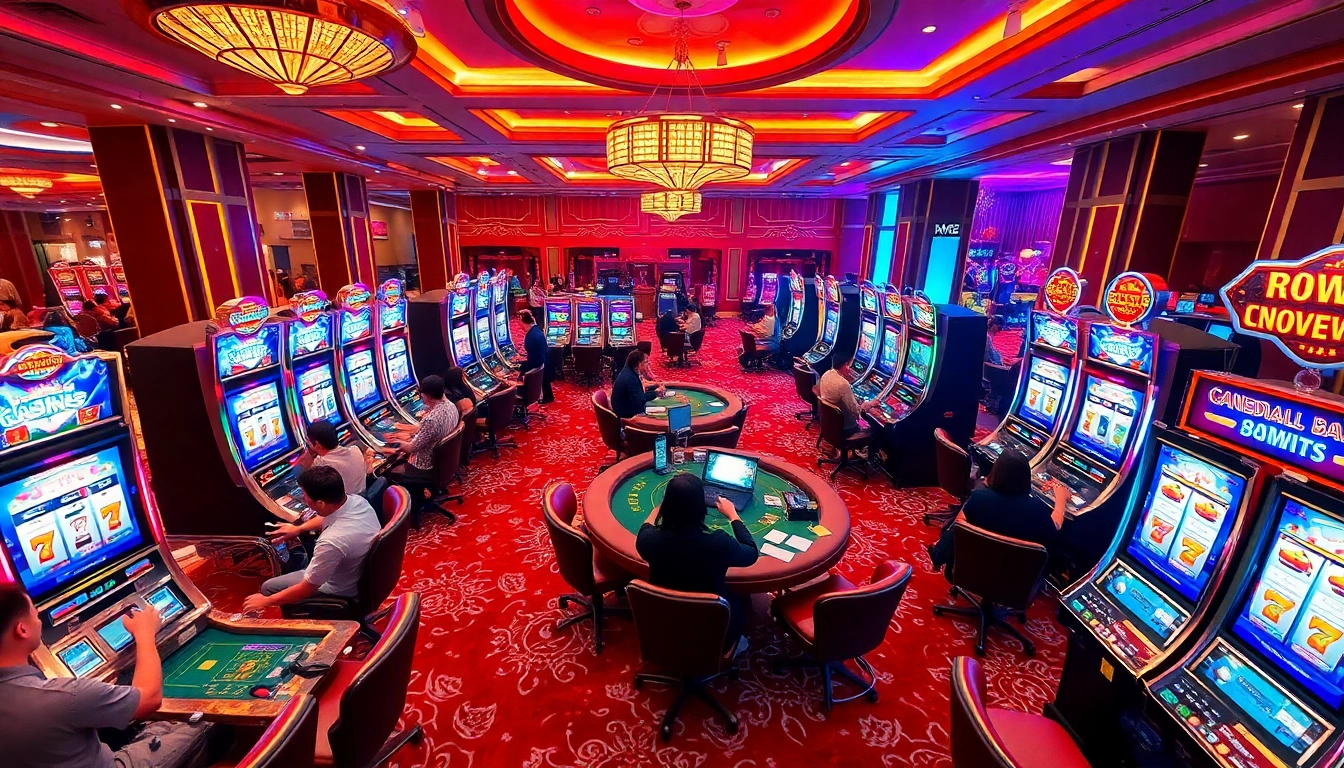 Experience the excitement of 98win nổ hũ with players enjoying dynamic slot games in a luxurious casino atmosphere.