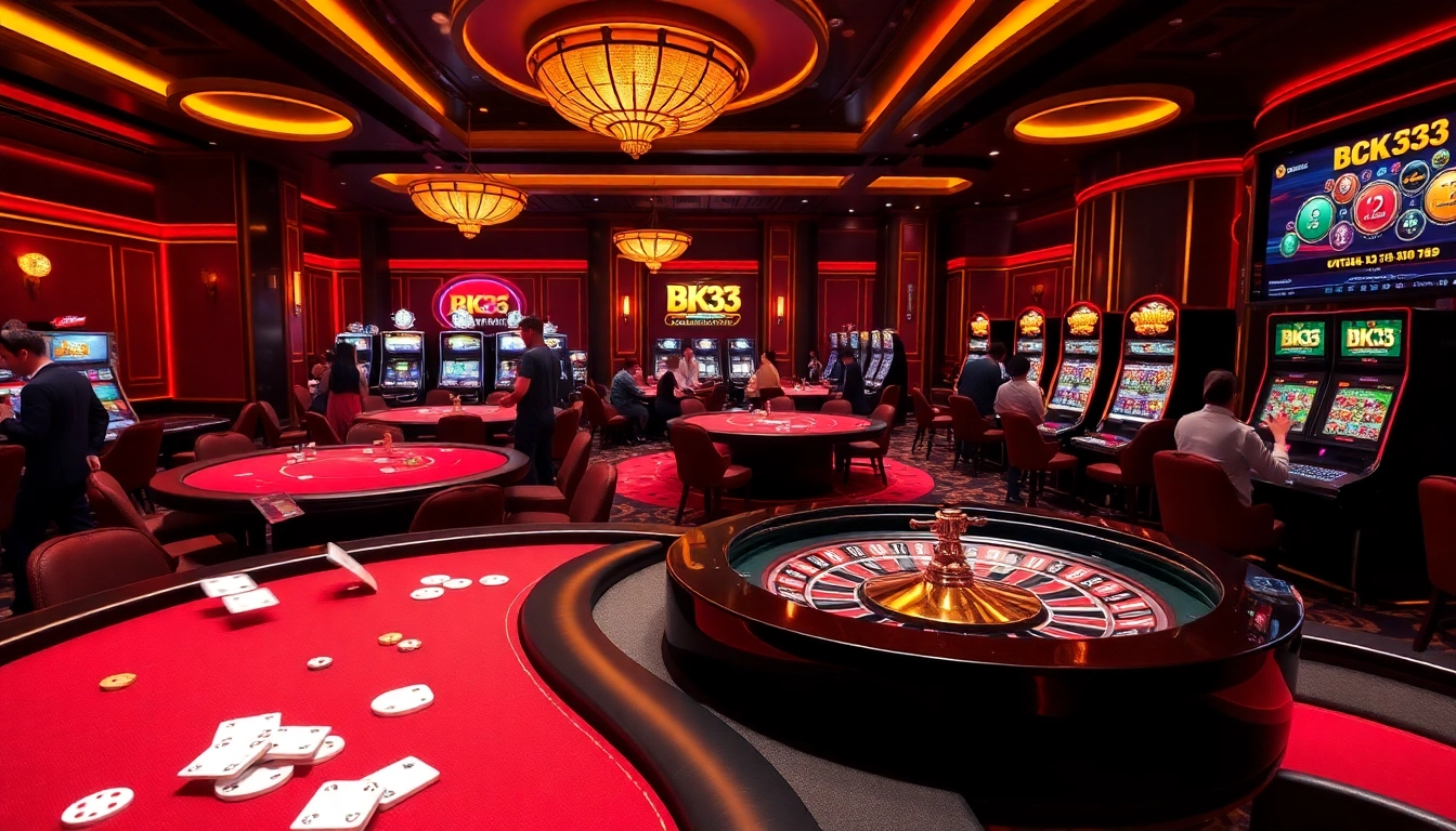 The Bk33 club visualizes an exciting casino scene with poker tables, roulette wheels, and vibrant players.