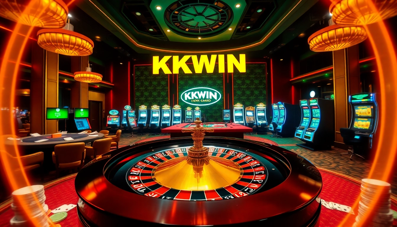 Exciting casino scene featuring KKWIN-themed roulette and gaming elements for gamblers.