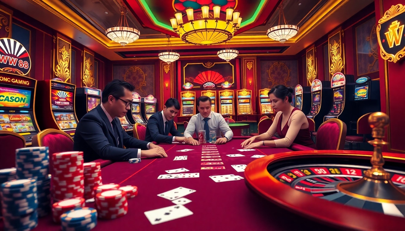Experience thrilling online games at ww88 with poker chips and a roulette wheel in an inviting casino.