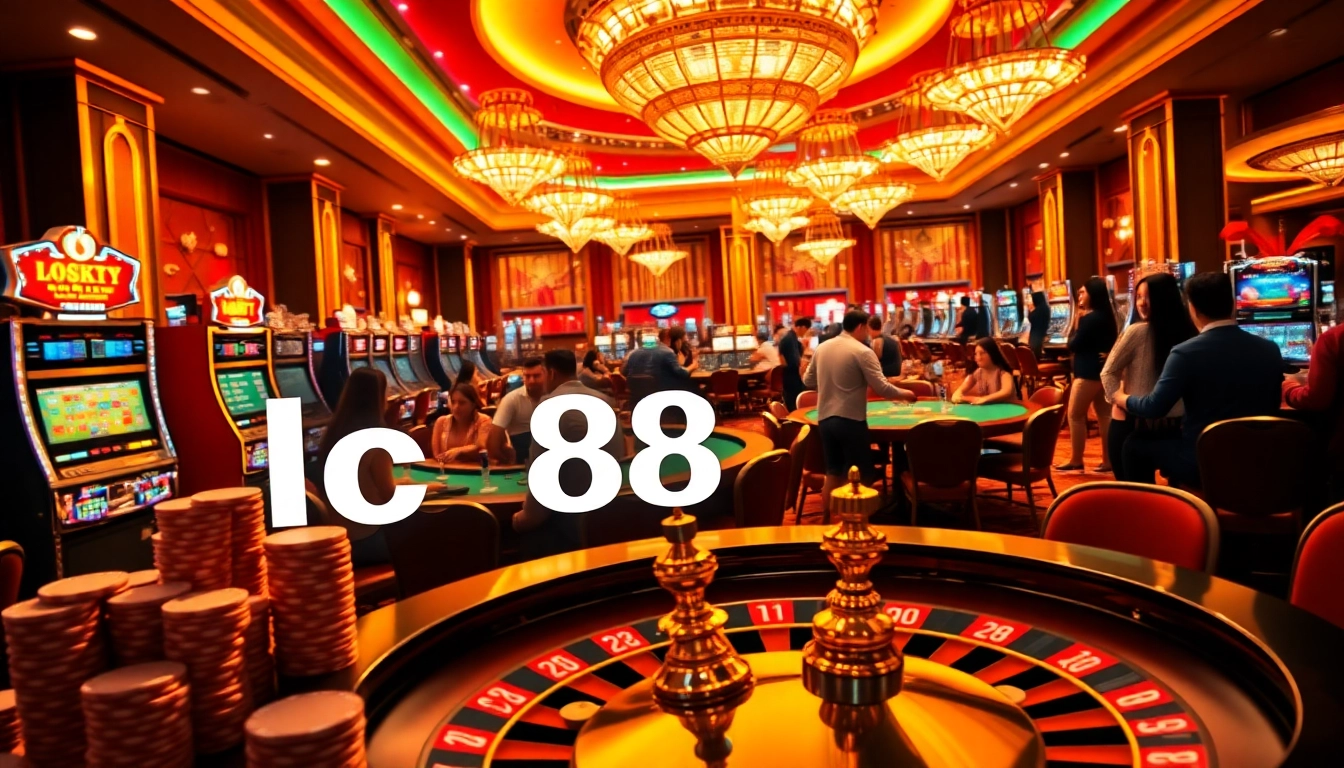 Engaged gamblers at a luxurious casino featuring lc88-themed slot machines and vibrant poker tables.