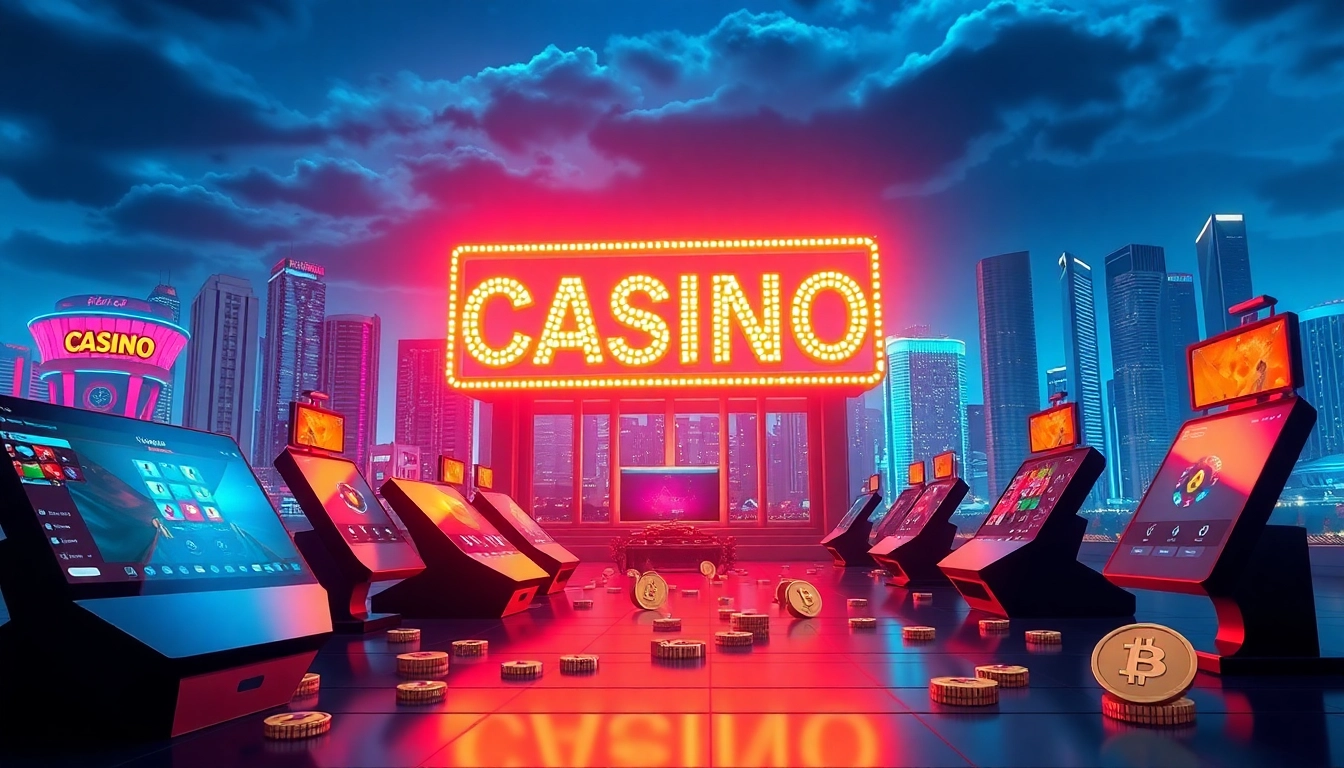 Visuel représentant une liste de casinos crypto, avec des éléments technologiques et colorés.