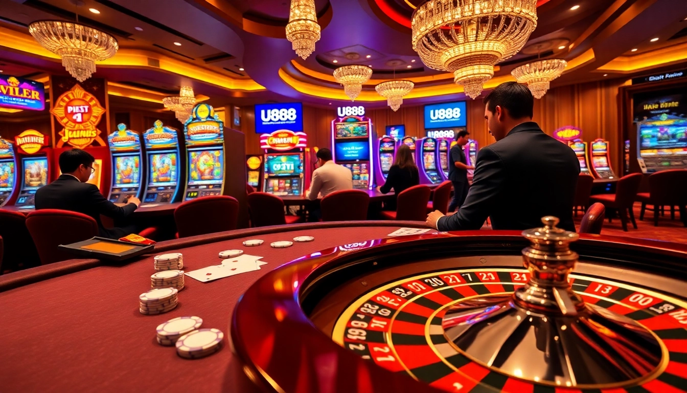 Experience thrilling poker action at u888 with glamorous chips and cards in a luxurious casino.