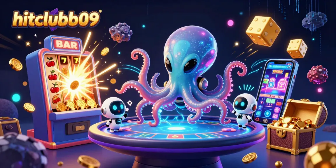 Engage with hitclubb09's vibrant alien casino game featuring an octopus managing a holographic poker table.